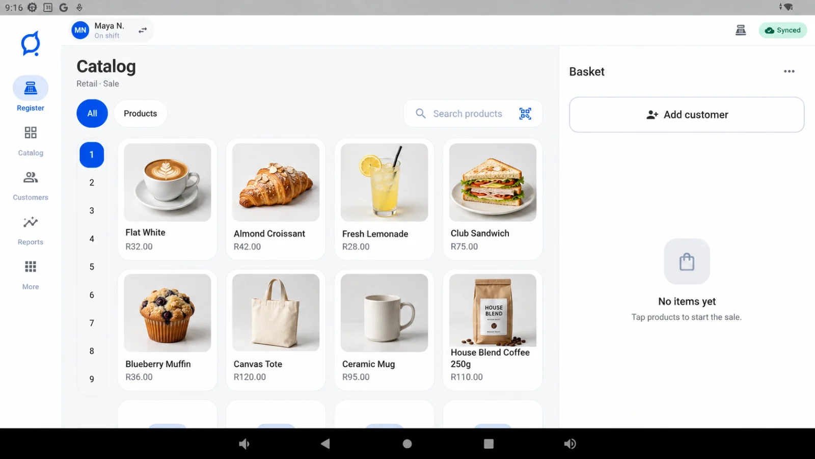 Cleo POS product catalog and customer basket